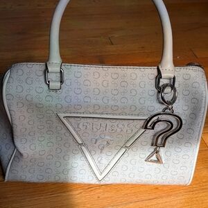 GUESS Ivory Logo Satchel with Silver Accent Charm